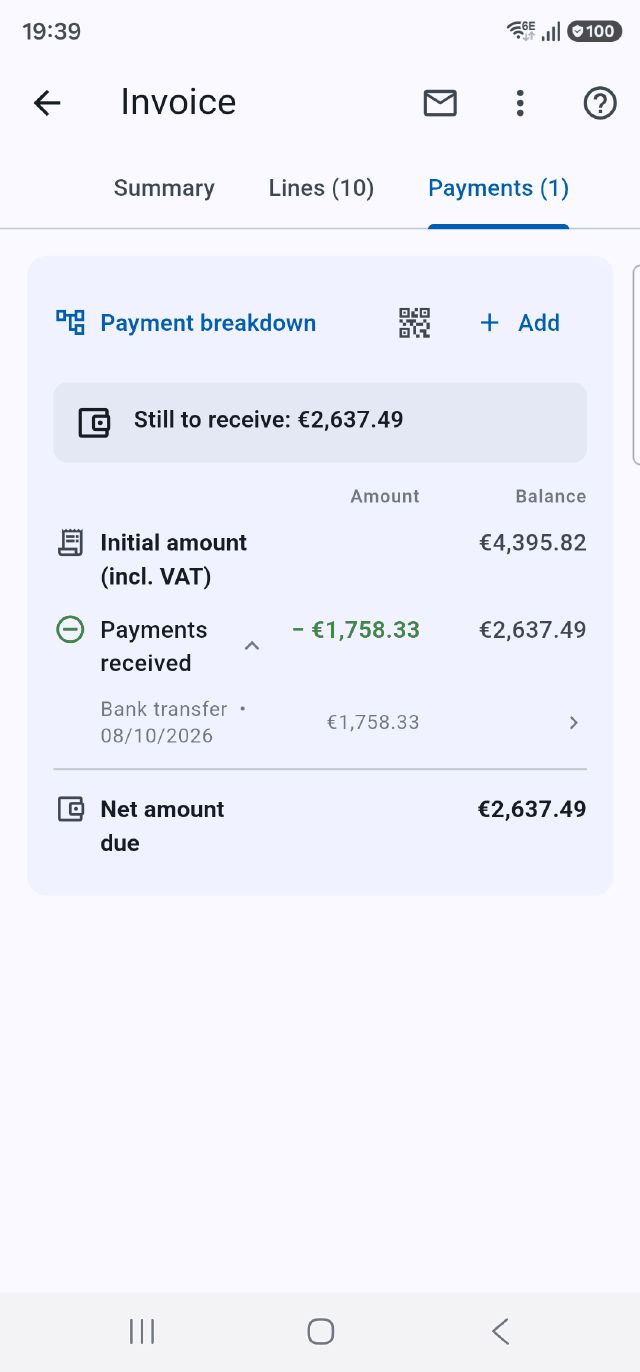 The payments of an invoice in the Onelia app: amounts received and what is still due