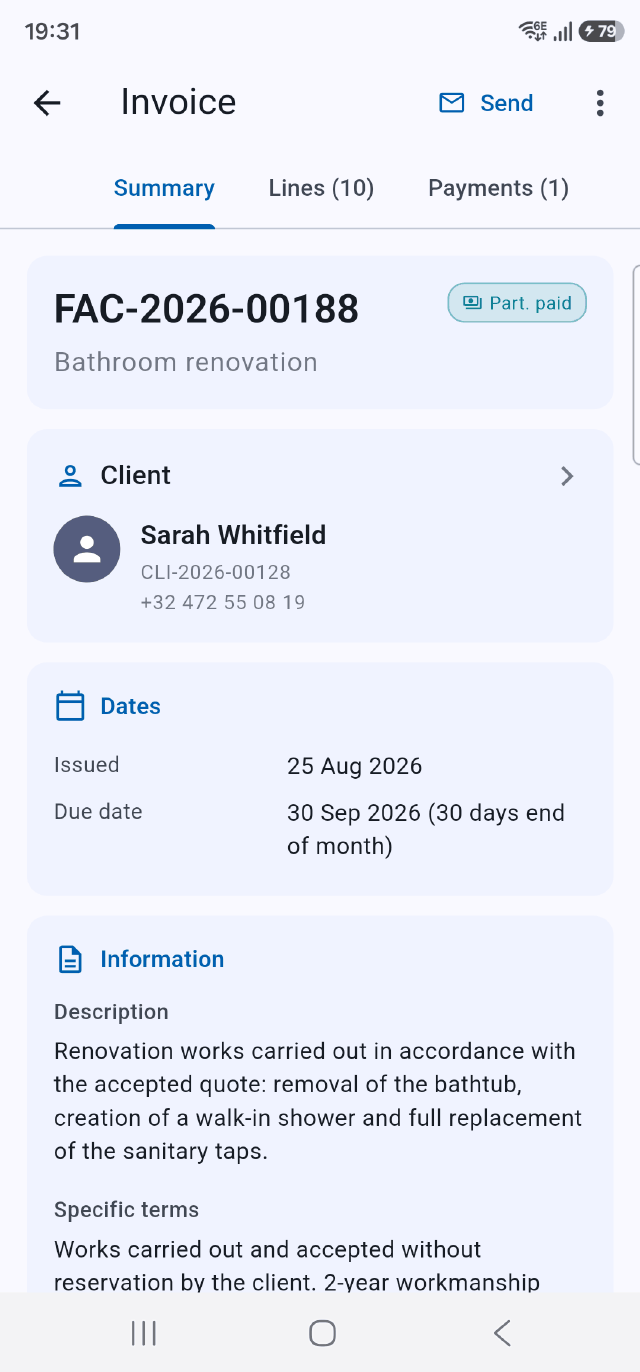 An invoice with payment tracking in the Onelia app