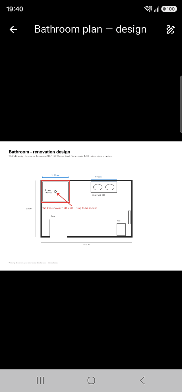 An annotated bathroom plan in the Onelia app