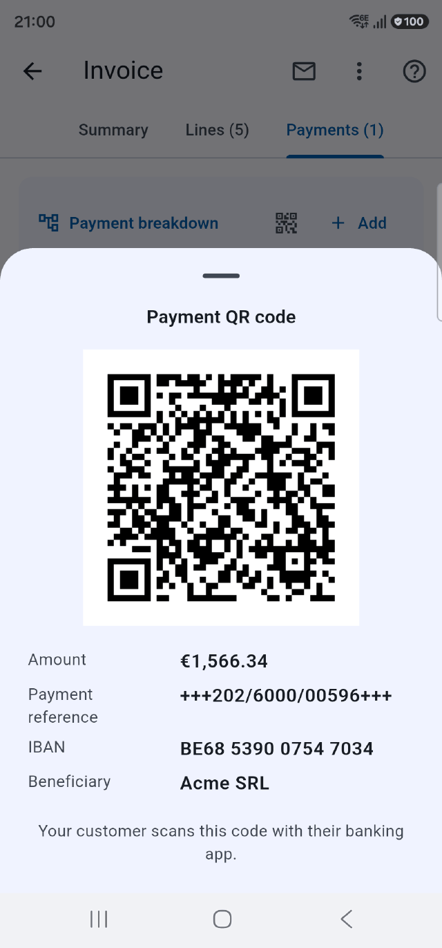 The payment QR code of an invoice in the Onelia app