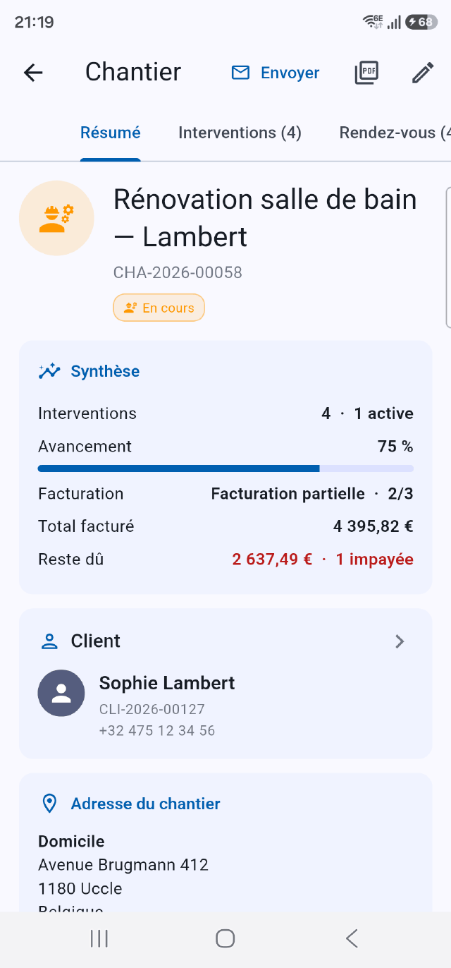 Fiche d'un chantier dans l'application Onelia sur téléphone
