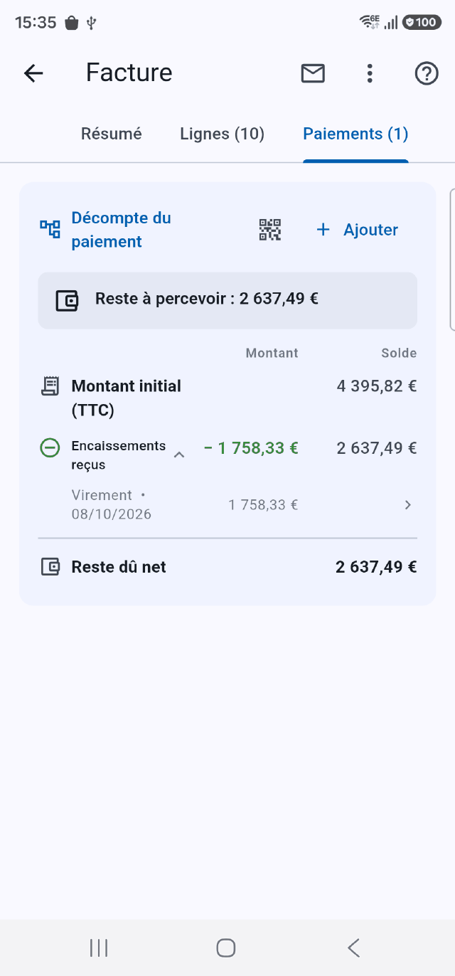 Les paiements d'une facture dans l'application Onelia : encaissements reçus et reste dû