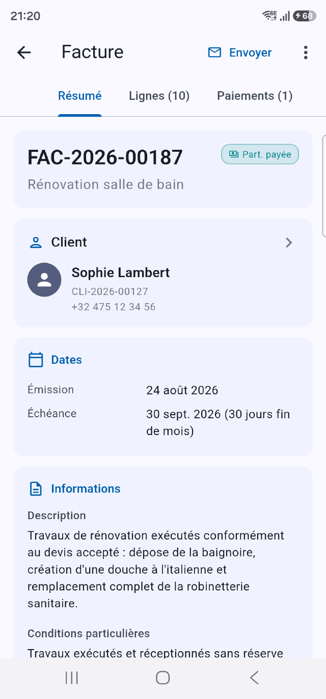 Une facture et son suivi de paiement dans l'application Onelia