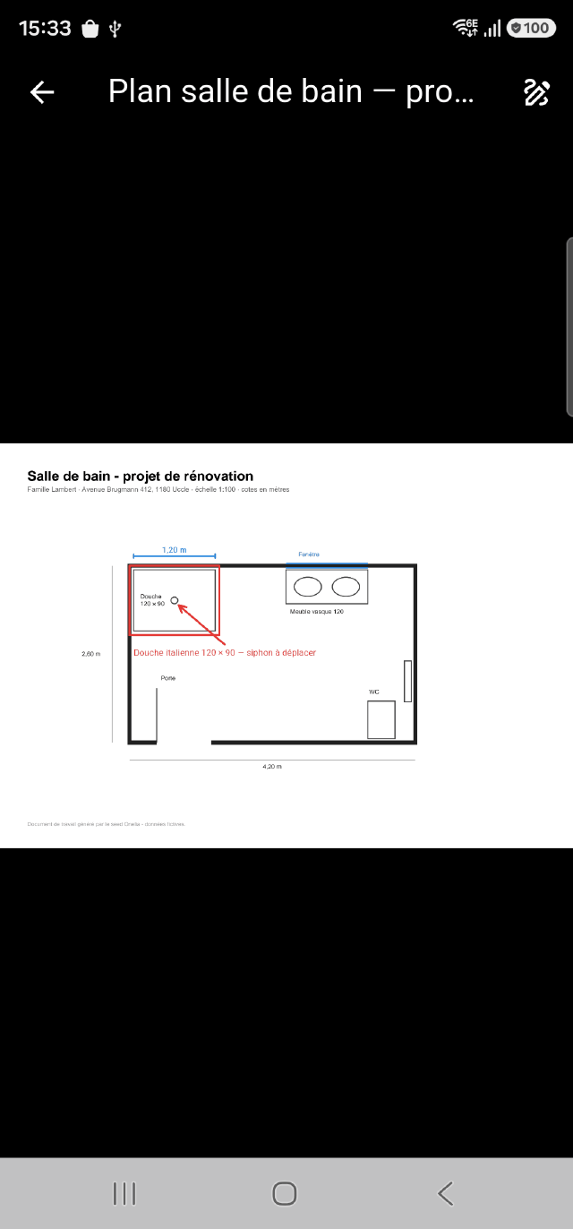 Un plan de salle de bain annoté dans l'application Onelia