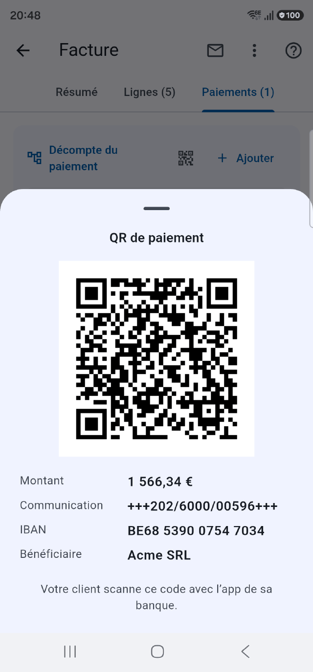 Le QR code de paiement d'une facture dans l'app Onelia