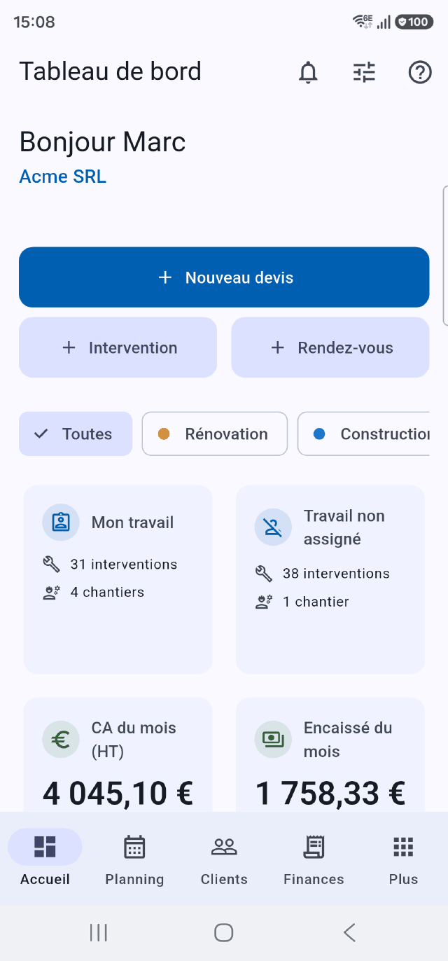 Le tableau de bord de l'application Onelia : chiffre d'affaires et encaissé du mois
