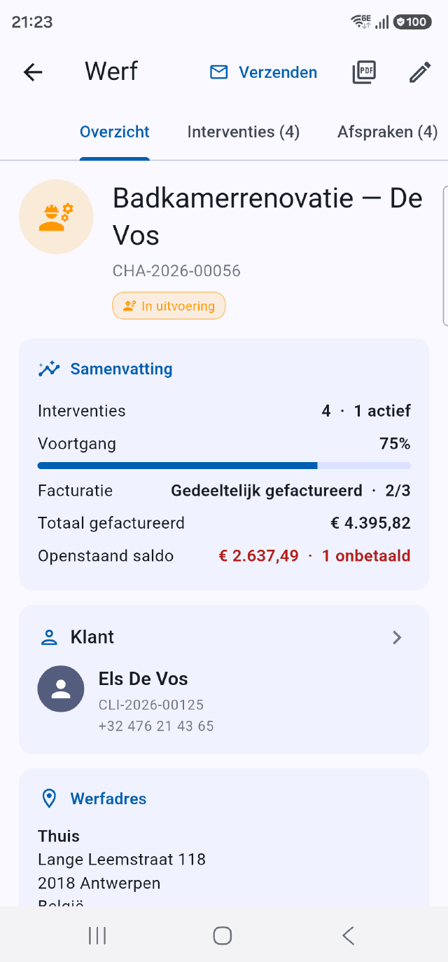Werffiche in de Onelia-app op een telefoon