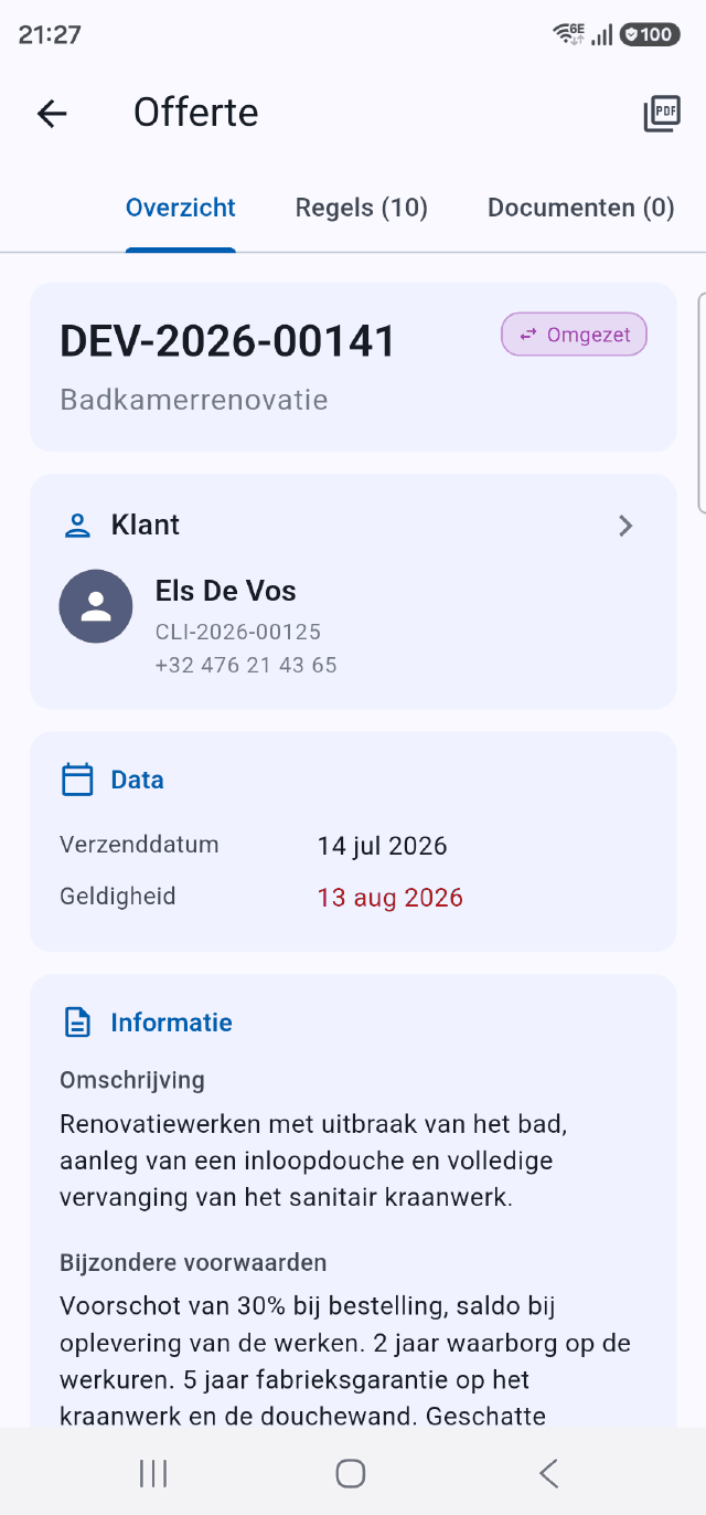 Een Onelia-offerte geopend op een telefoon, met de totalen