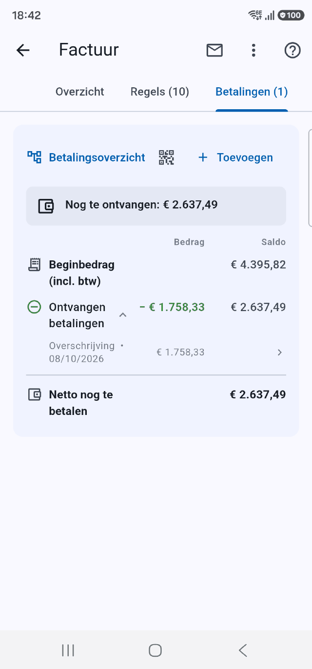 De betalingen van een factuur in de Onelia-app: ontvangen bedragen en wat nog openstaat