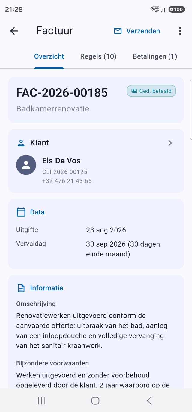 Een factuur met betalingsopvolging in de Onelia-app