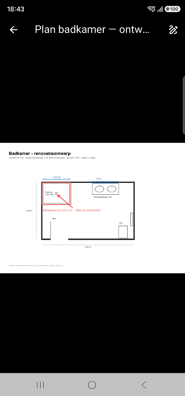 Een geannoteerd plan van een badkamer in de Onelia-app