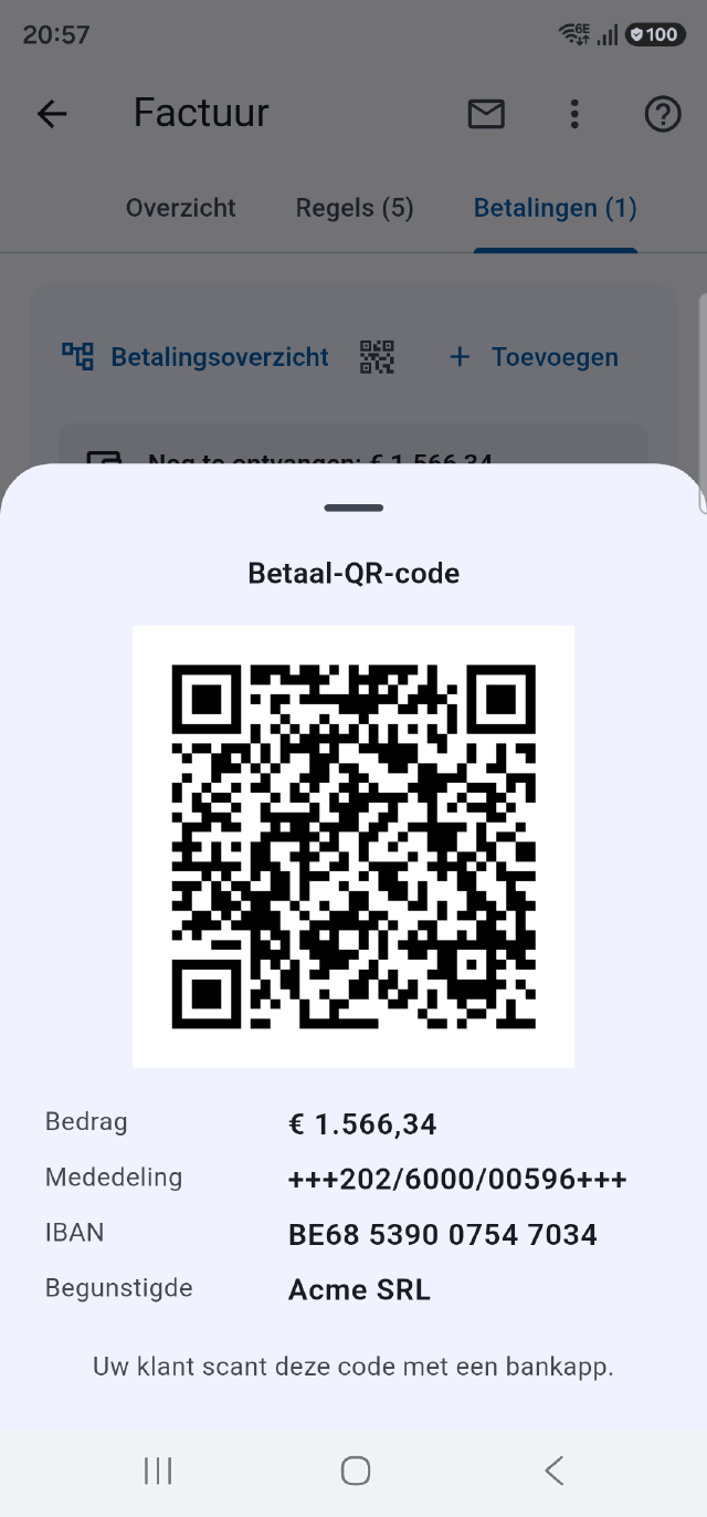 De betalings-QR-code van een factuur in de Onelia-app