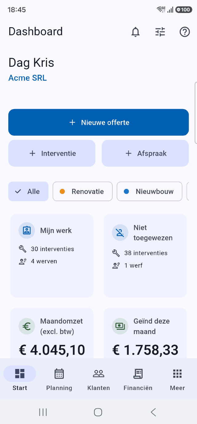 Het dashboard van de Onelia-app: omzet en ontvangsten van de maand