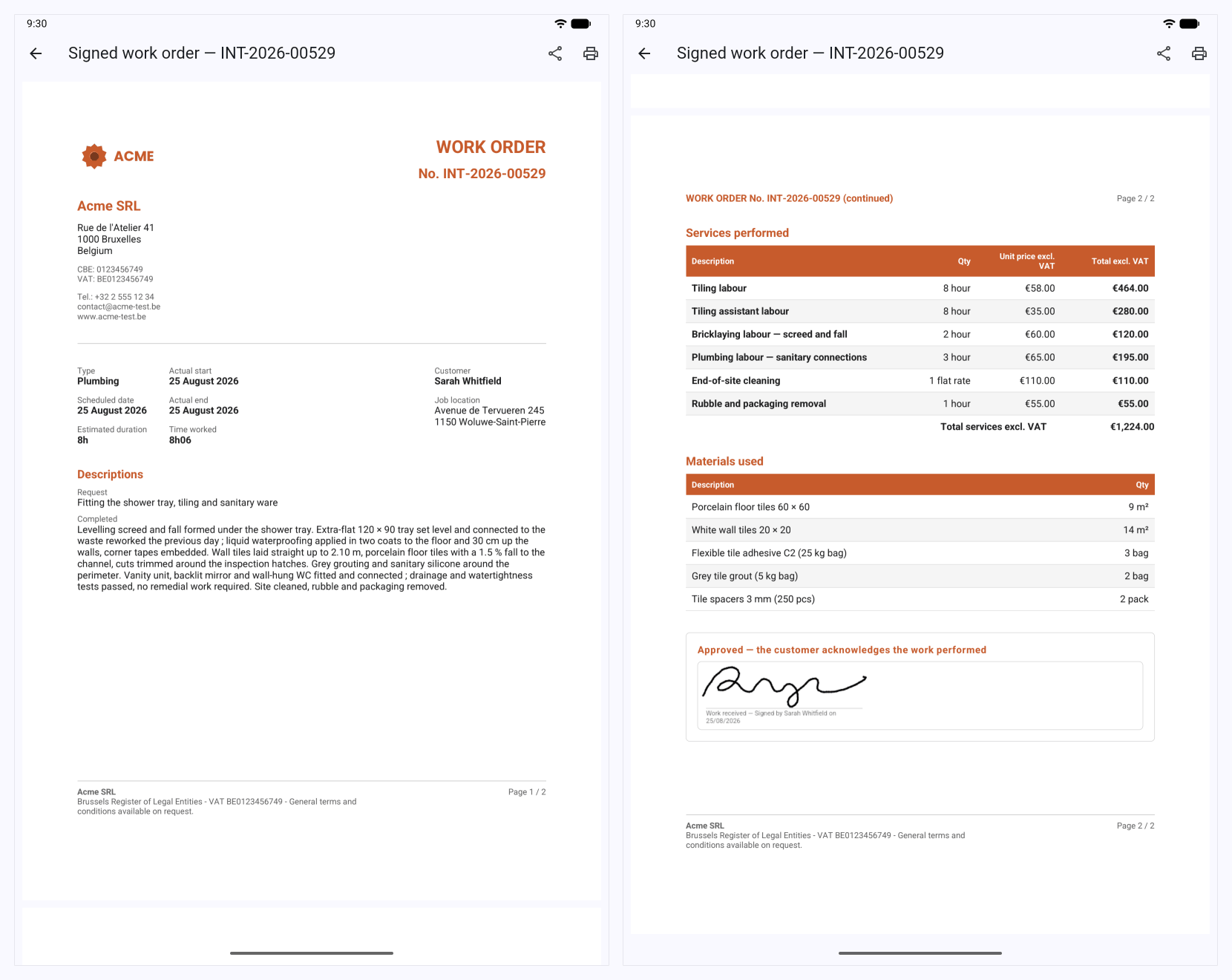 PDF preview of an Onelia job report signed by the client, with detailed services and materials