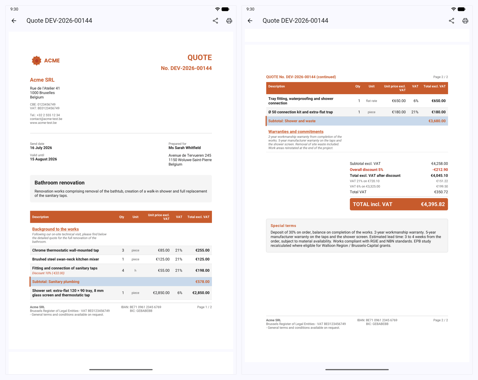 PDF preview of an Onelia quote: two full pages with subtotals, a discount and multiple VAT rates
