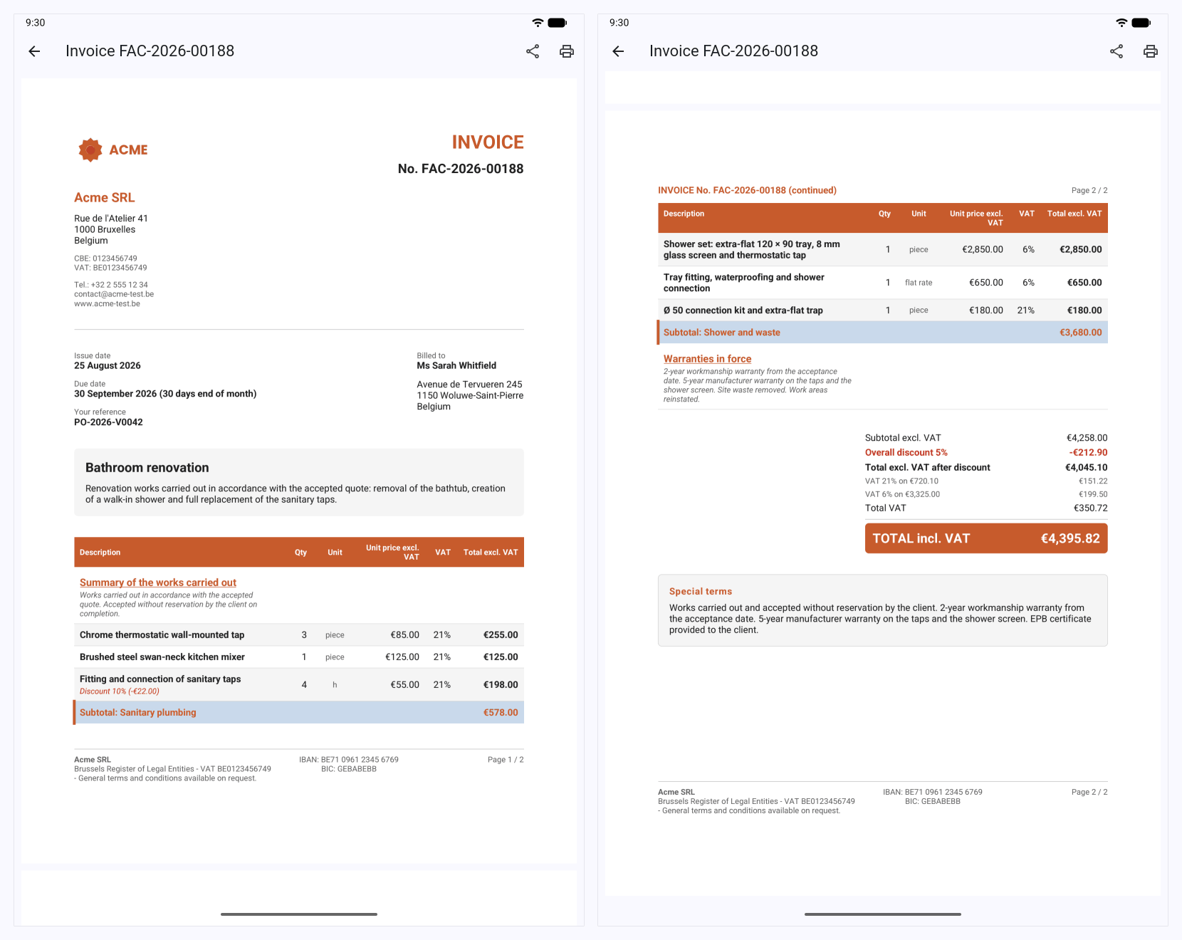 PDF preview of an Onelia invoice: two full pages with VAT breakdown and terms