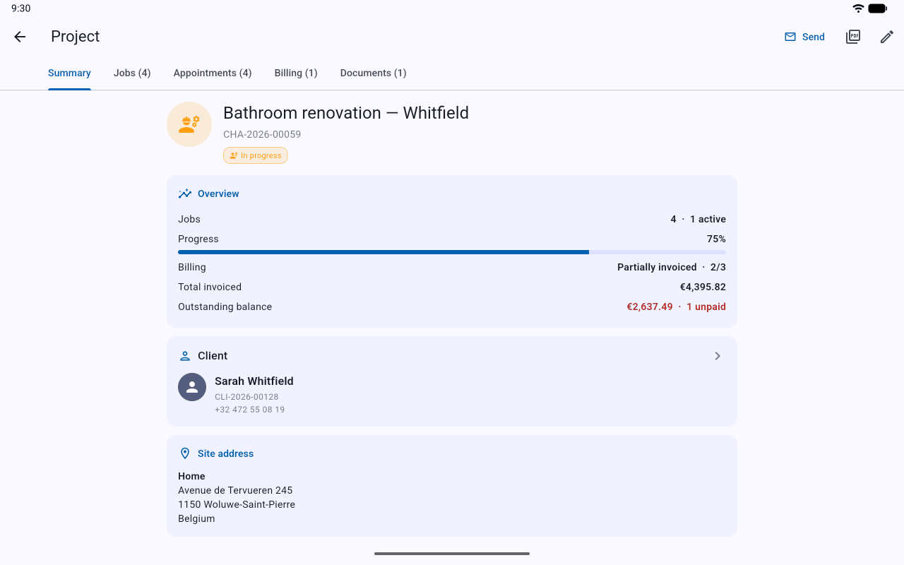 The same project file in Onelia on a tablet, in landscape