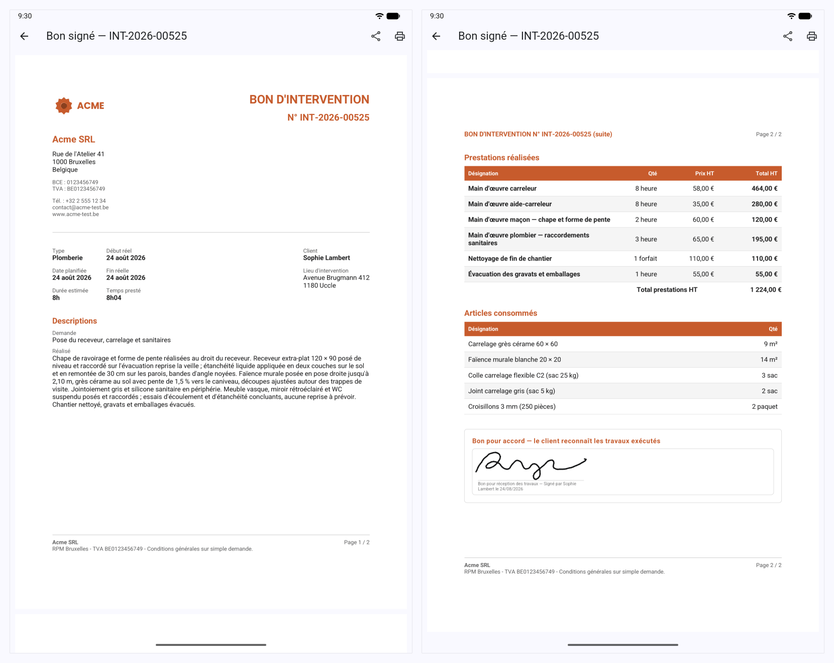 Aperçu PDF d'un bon d'intervention Onelia signé par le client, prestations et fournitures détaillées