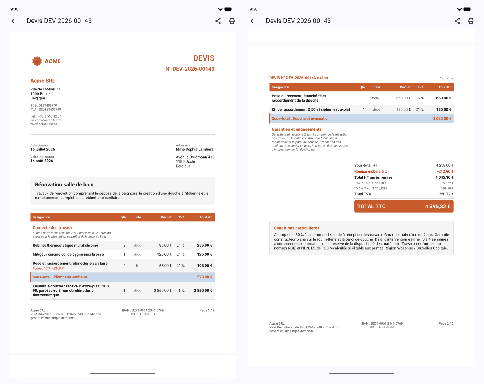 Aperçu PDF d'un devis Onelia : deux pages complètes avec sous-totaux, remise et TVA multi-taux