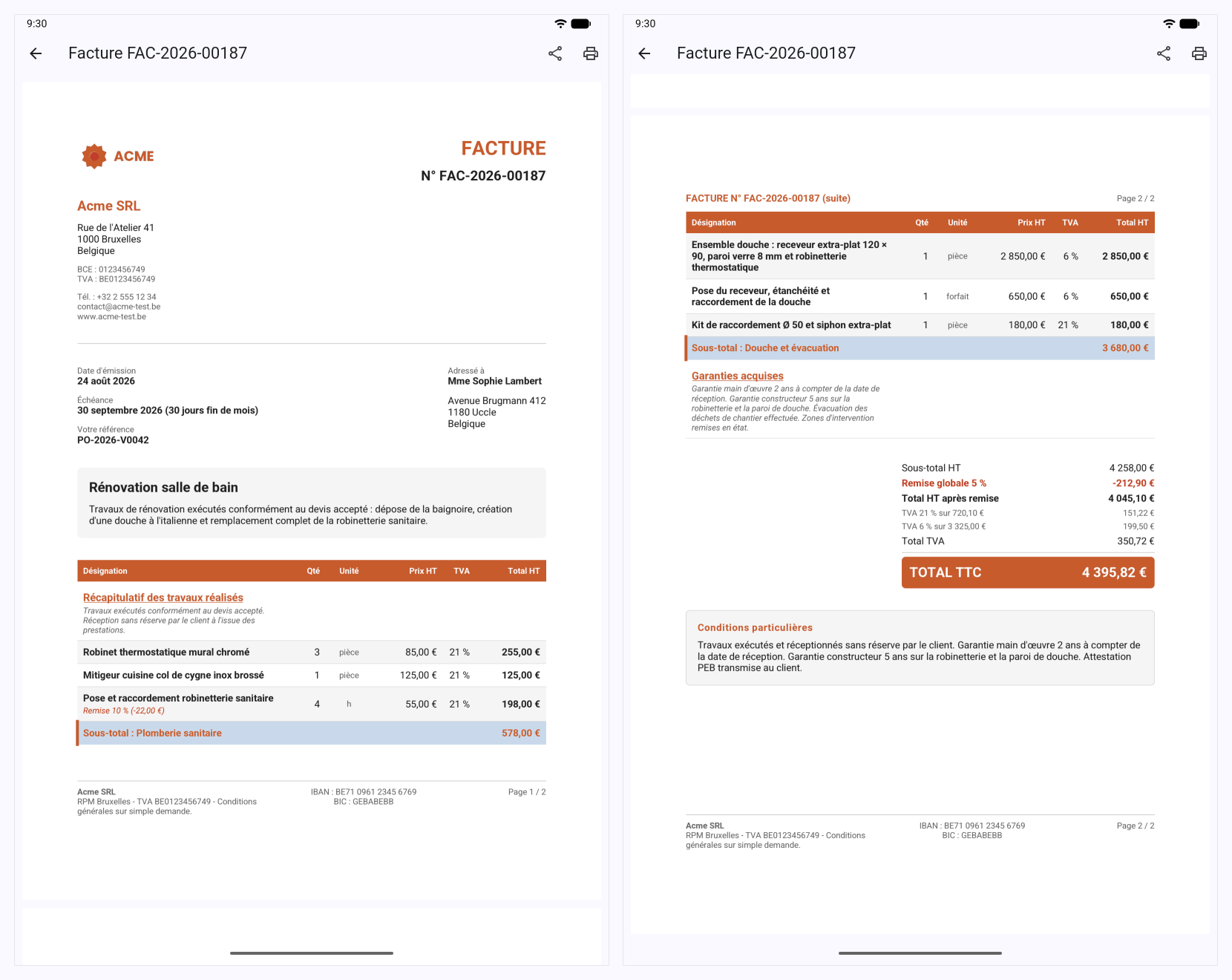 Aperçu PDF d'une facture Onelia : deux pages complètes avec ventilation TVA et conditions