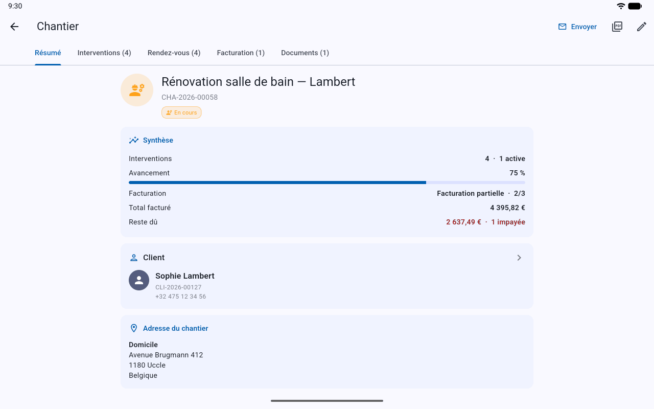 La même fiche chantier dans Onelia sur tablette, en paysage