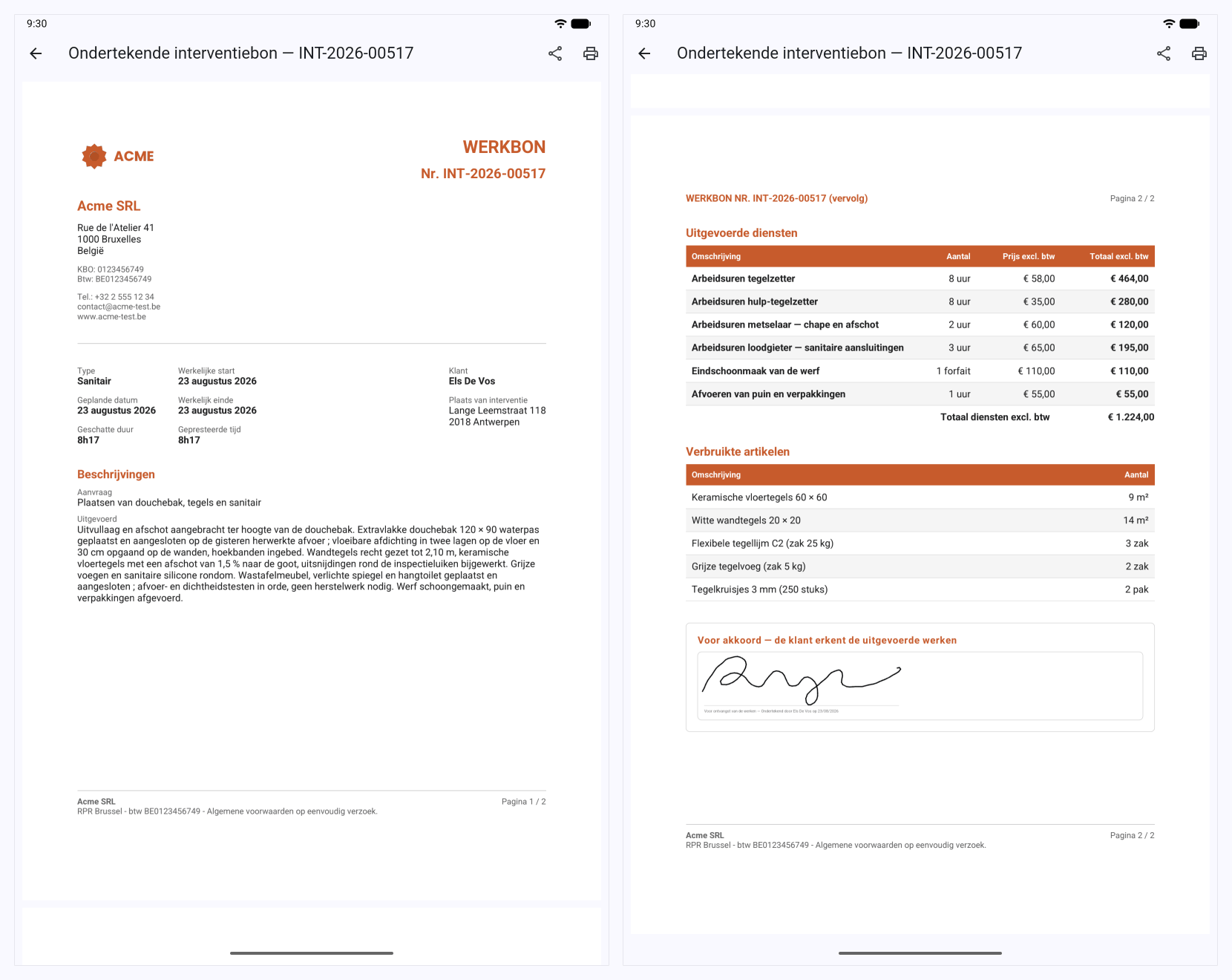 Pdf-voorbeeld van een door de klant ondertekende Onelia-werkbon, met gedetailleerde prestaties en materialen