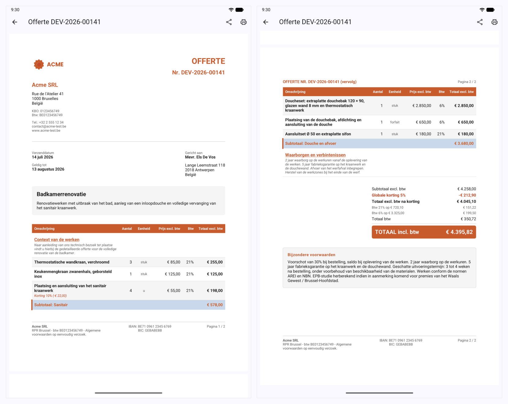 Pdf-voorbeeld van een Onelia-offerte: twee volledige pagina's met subtotalen, korting en meerdere btw-tarieven