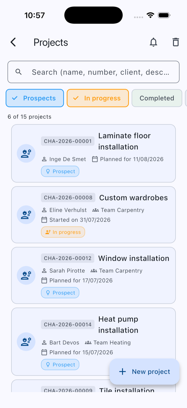 List of ongoing projects in the Onelia app