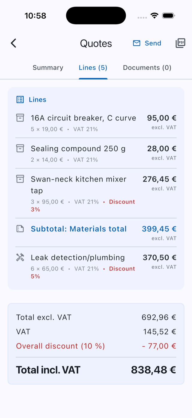 Detail of a quote with its lines, discounts and totals in Onelia