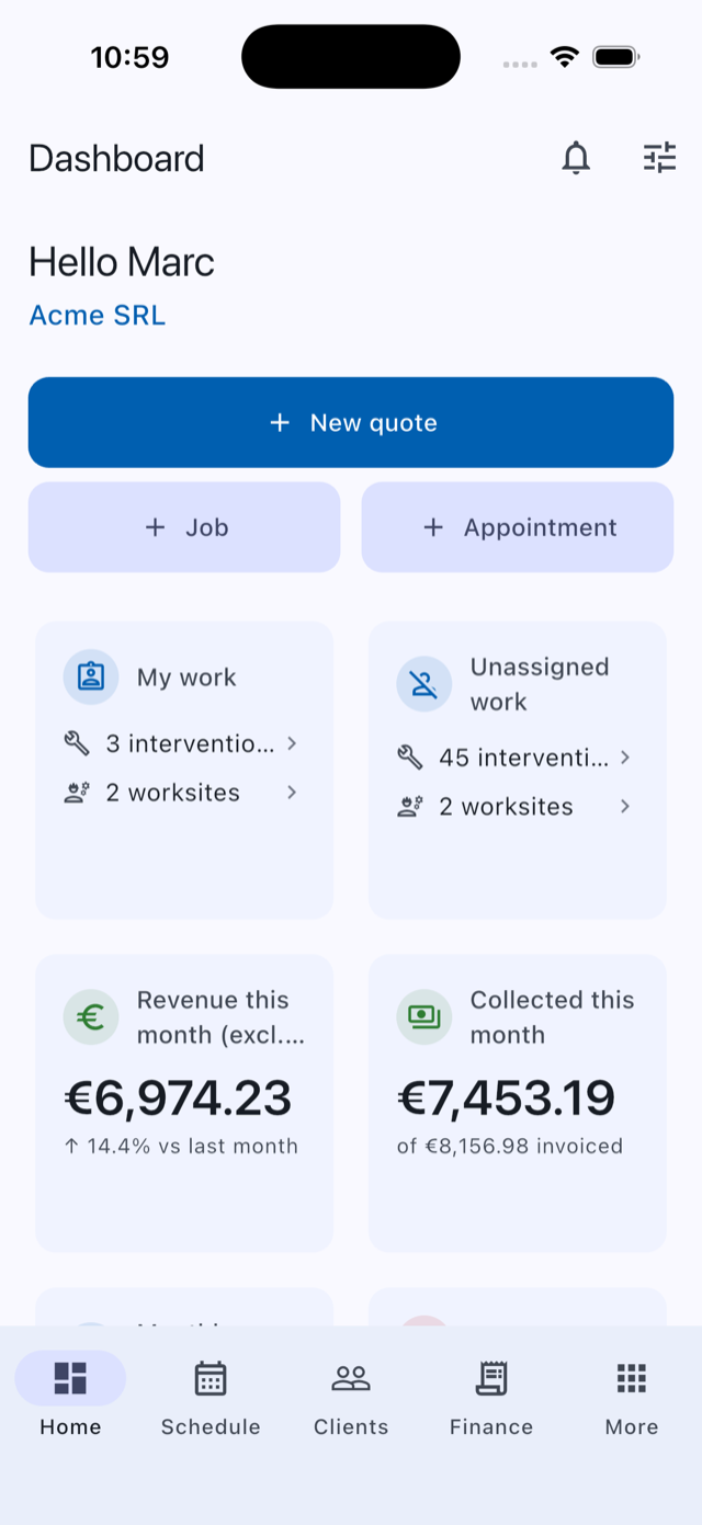 Dashboard with the business's key figures in Onelia