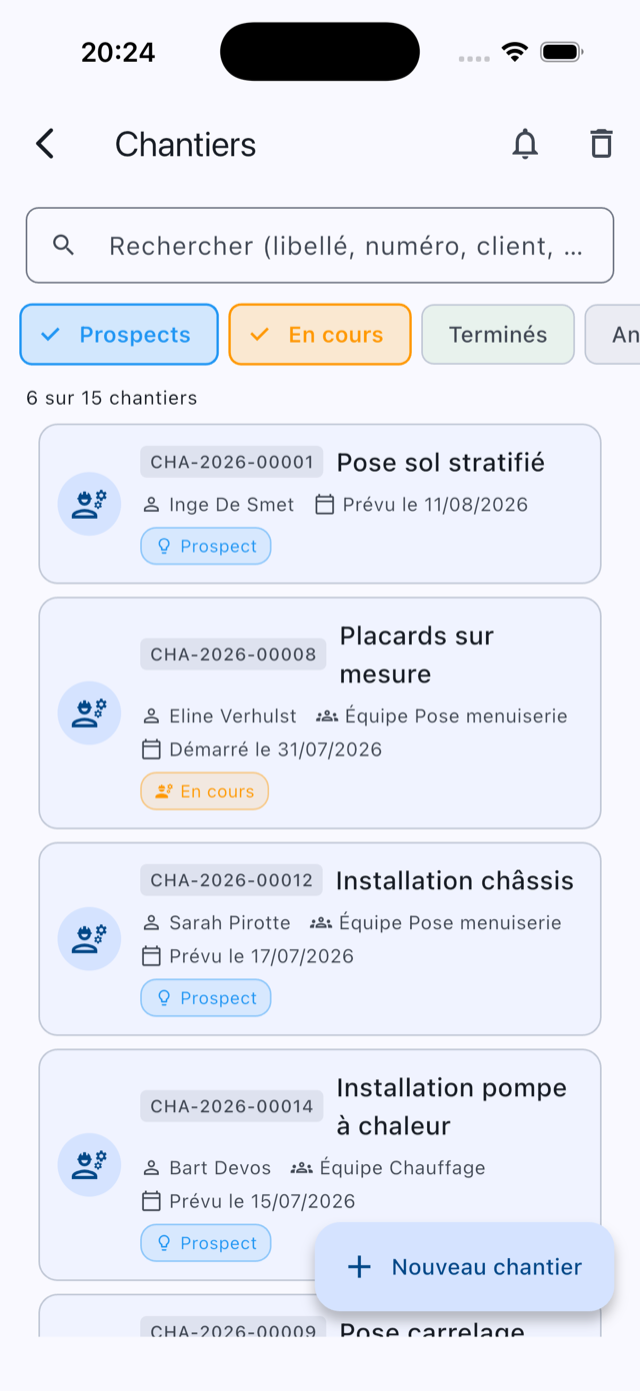 Liste des chantiers en cours dans l'application Onelia