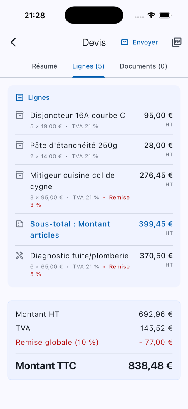 Détail d'un devis avec ses lignes, remises et totaux dans Onelia