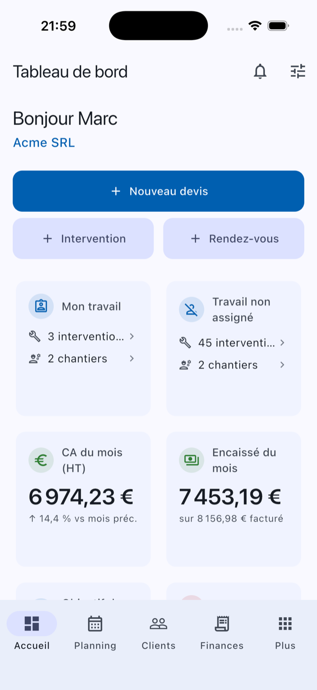 Tableau de bord avec les chiffres clés de l'activité dans Onelia