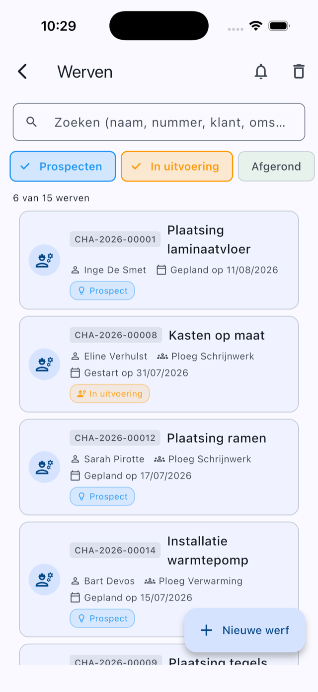 Lijst van lopende werven in de Onelia-app