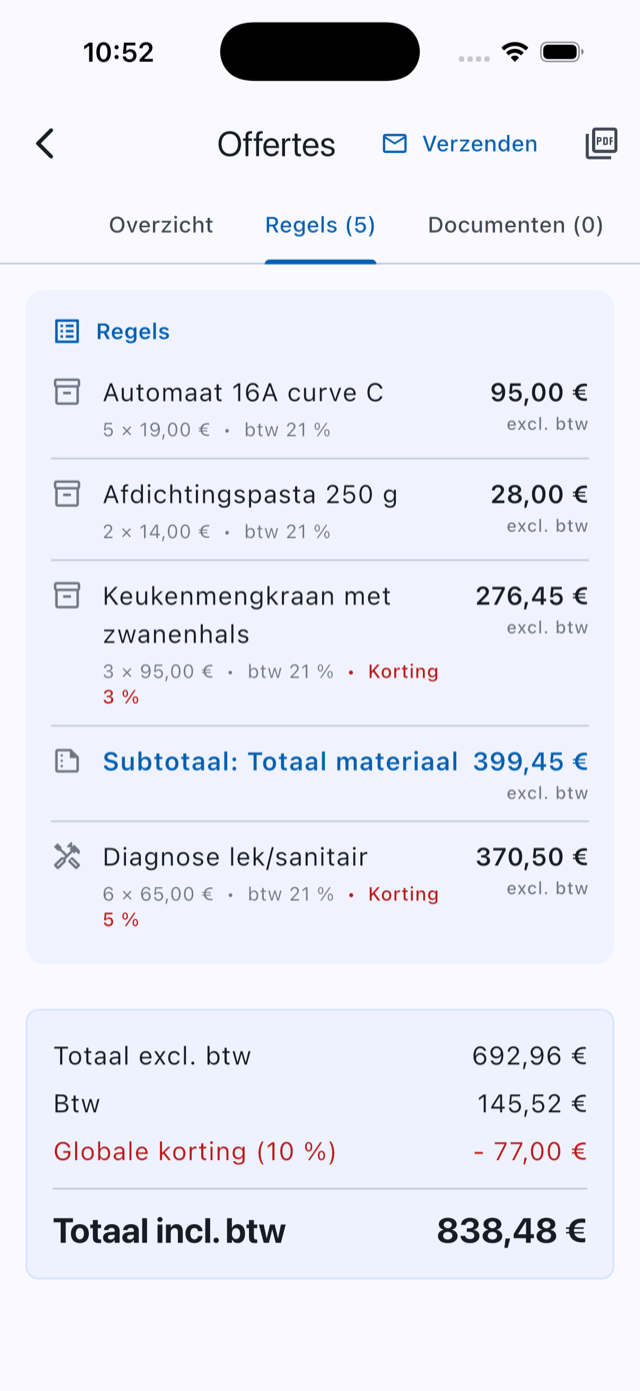 Detail van een offerte met lijnen, kortingen en totalen in Onelia