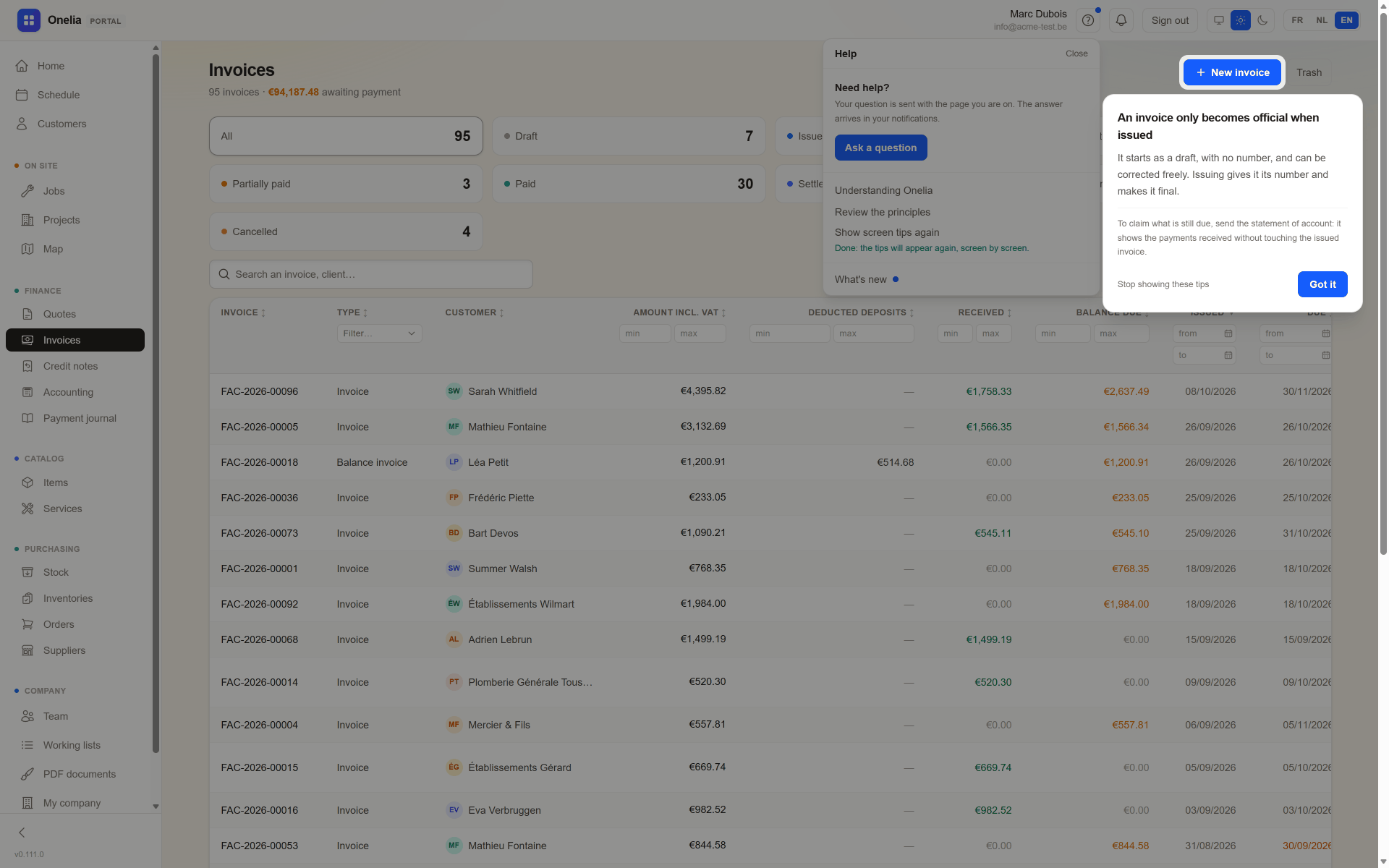 The help menu and a screen tip in the Onelia web portal