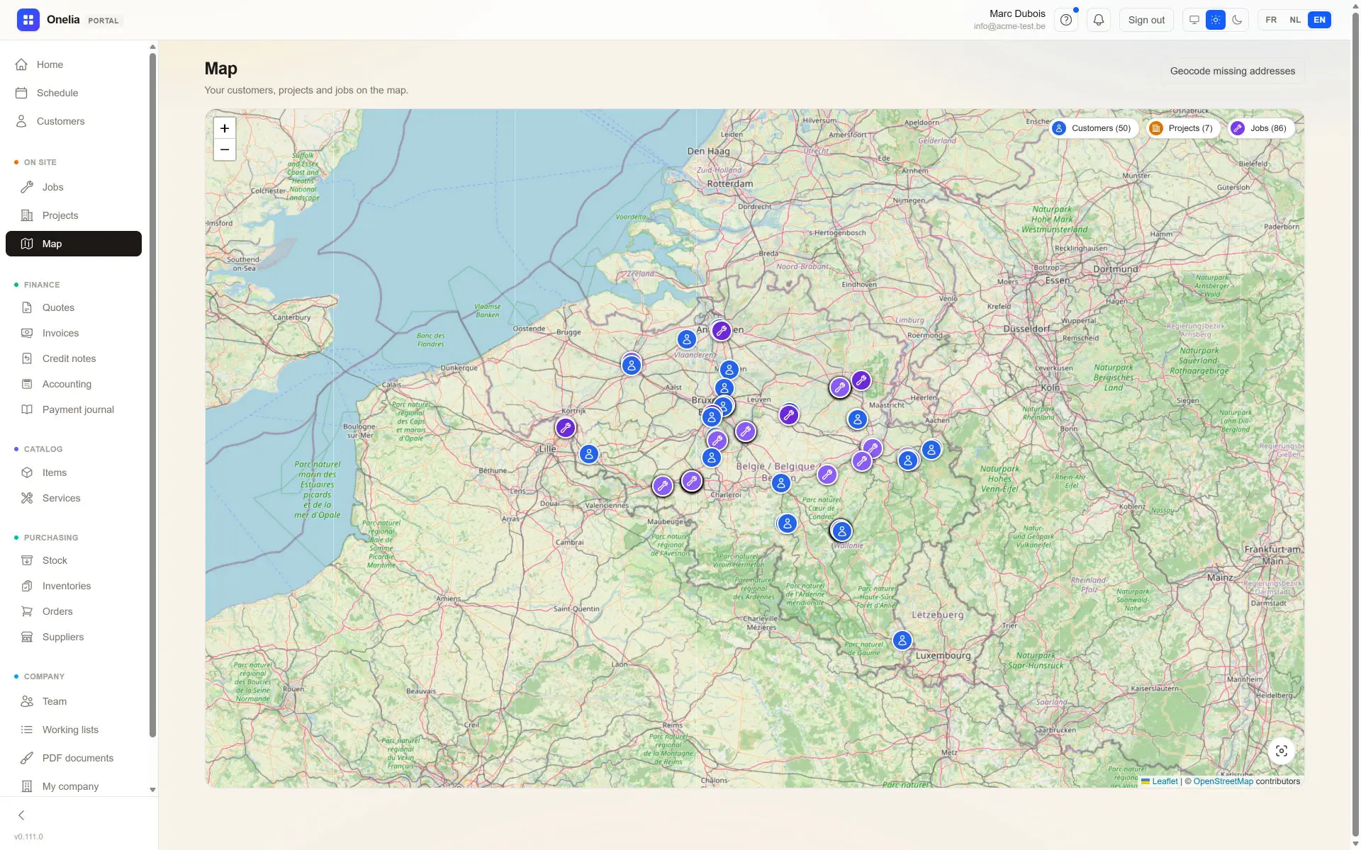 The map of customers, projects and jobs in the Onelia web portal