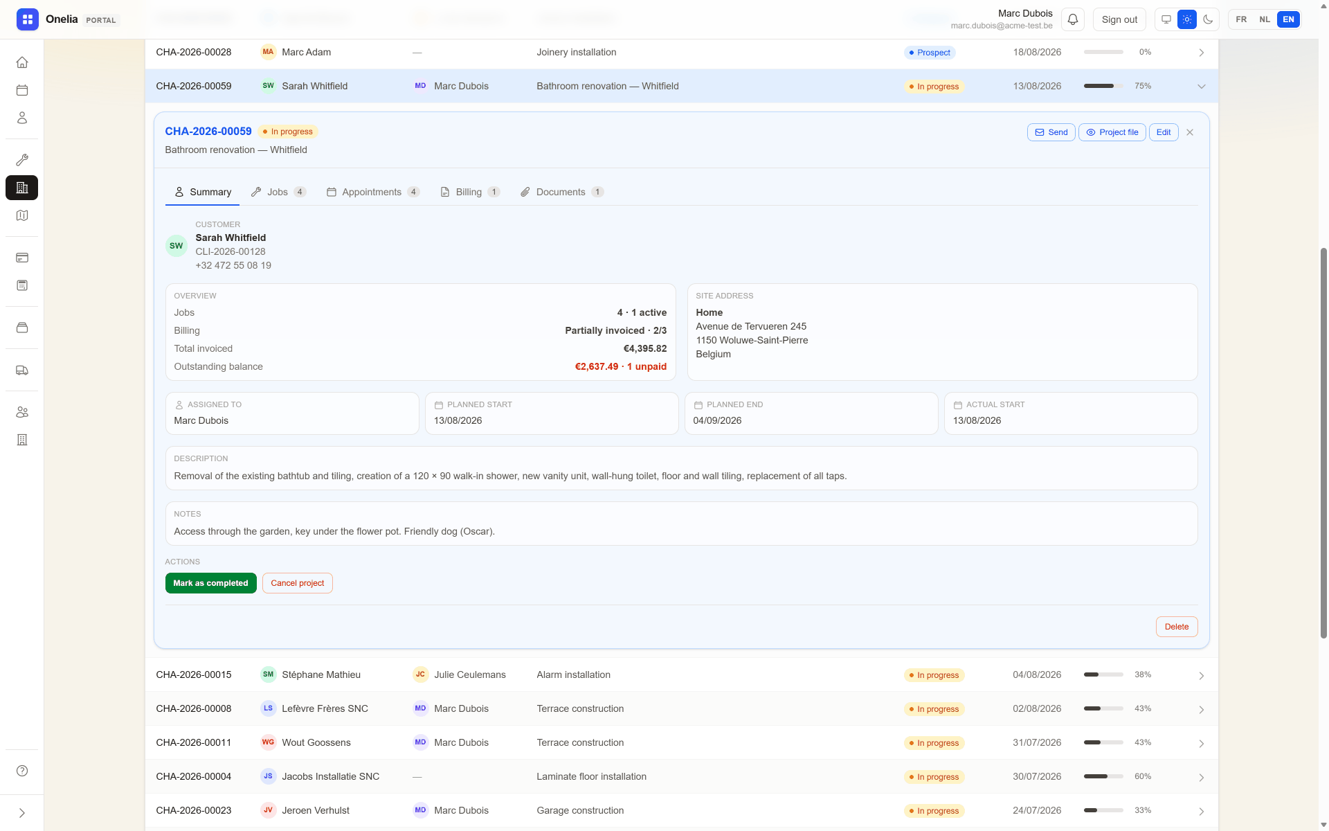 The same project file in the Onelia web portal on a computer