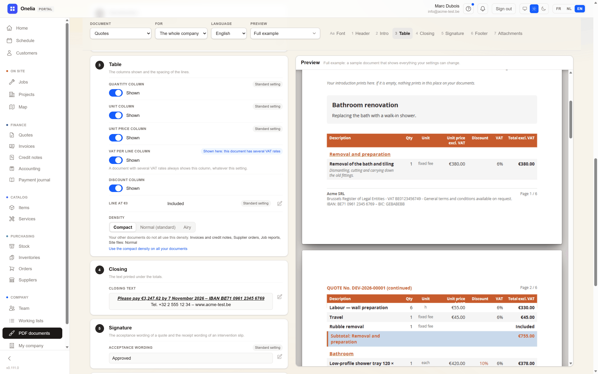 The PDF documents page of the Onelia portal: settings on the left, the quote preview on the right
