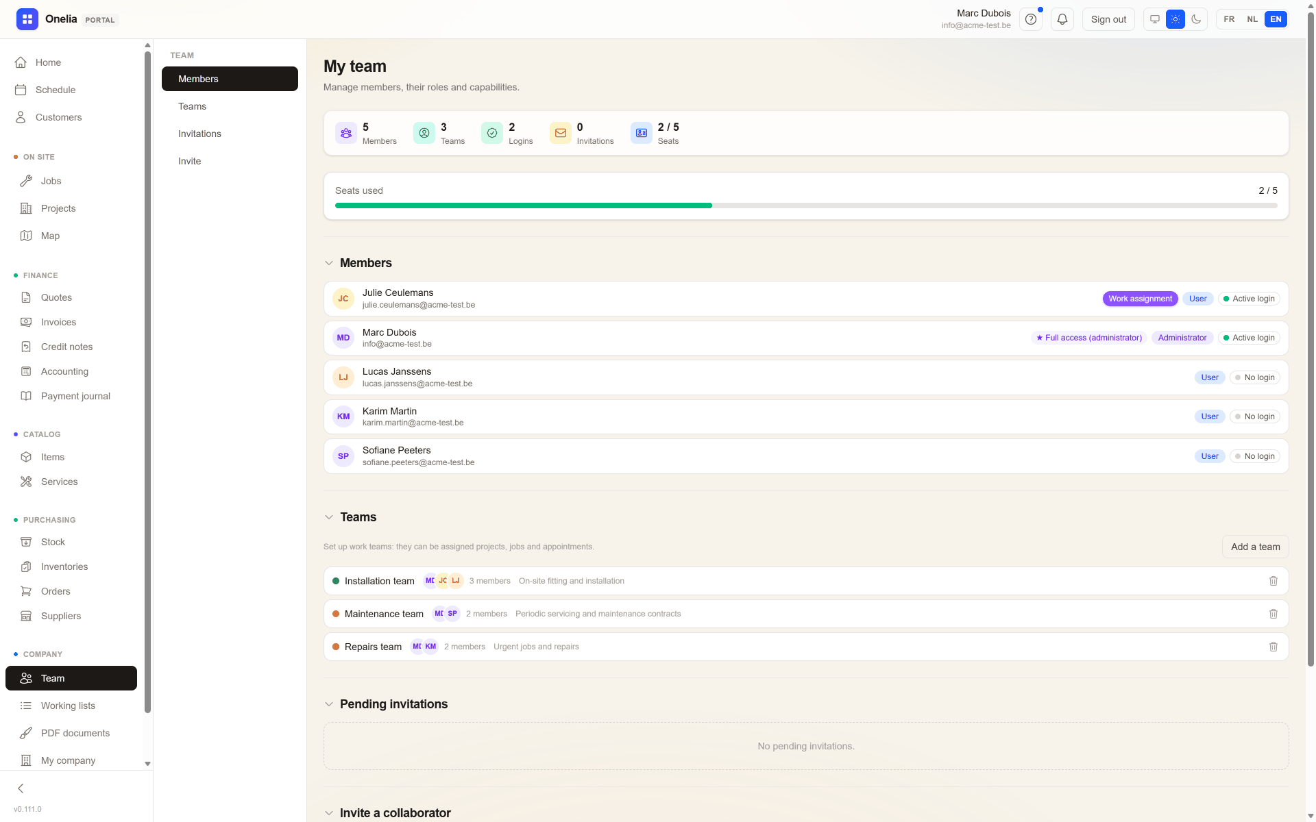 Members and teams in the Onelia web portal