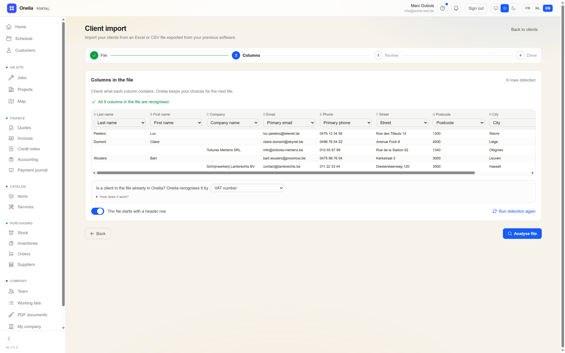 Importing a customer file in the Onelia web portal
