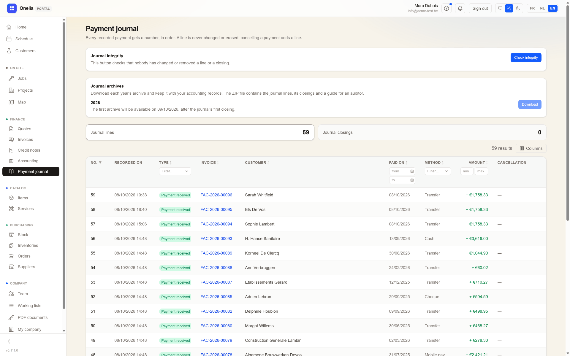 The payment journal in the Onelia web portal