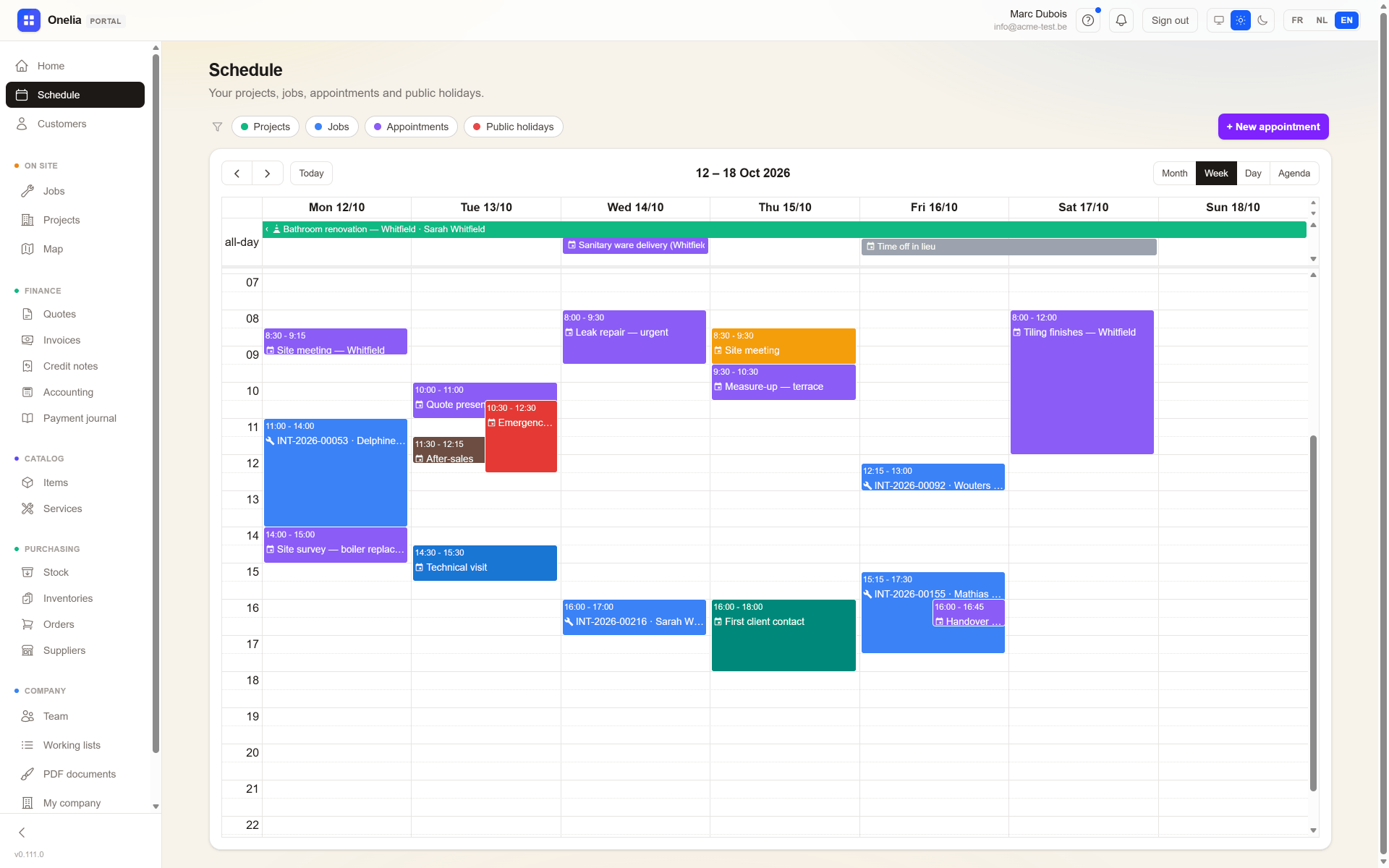 The weekly schedule in the Onelia web portal