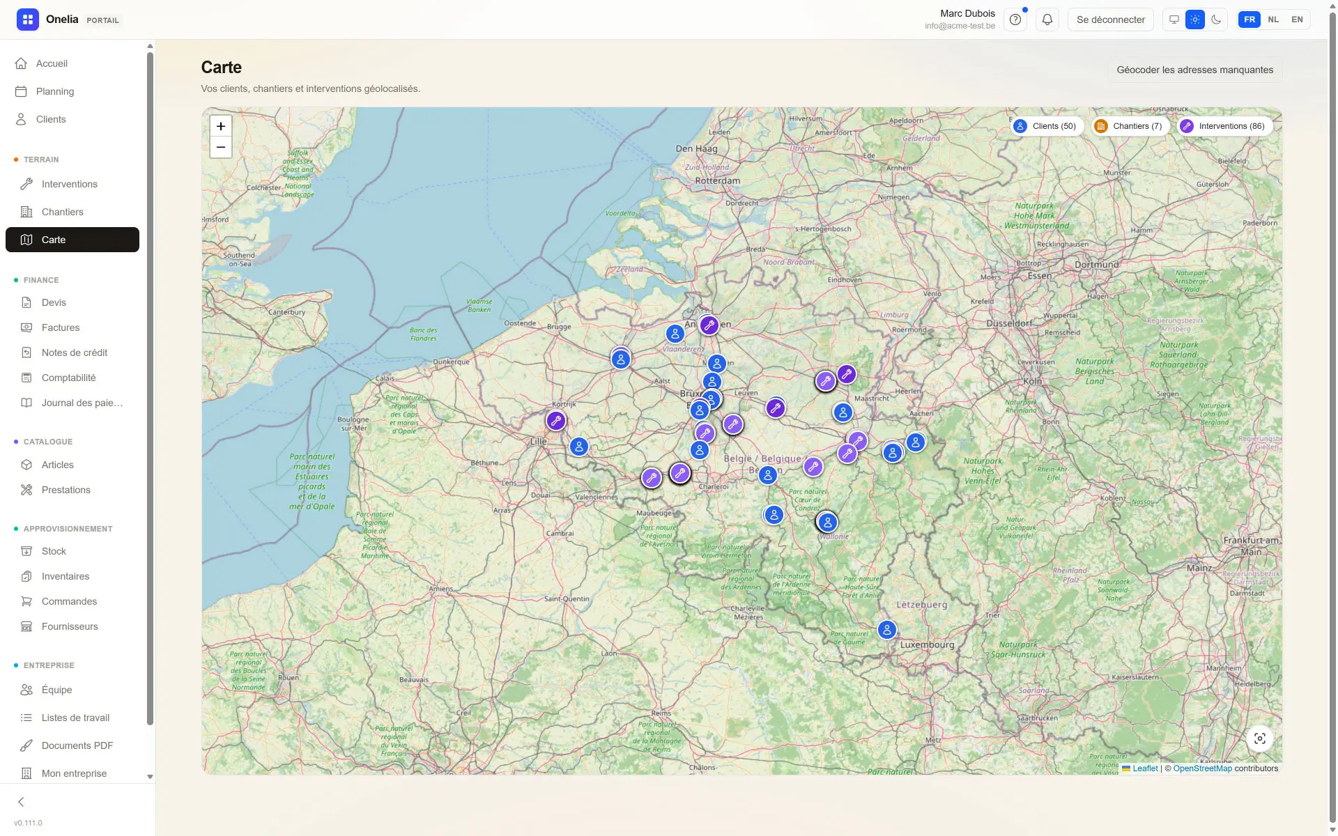La carte des clients, chantiers et interventions dans le portail Onelia