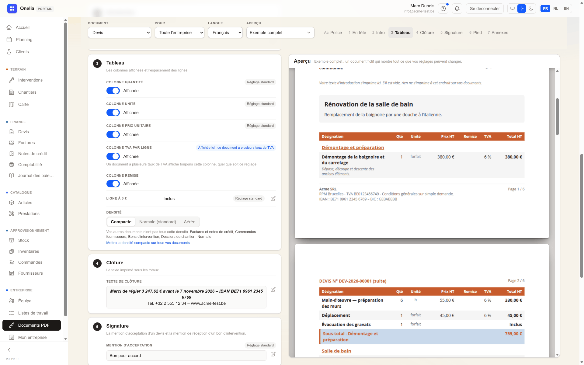 La page Documents PDF du portail Onelia : les réglages à gauche, l'aperçu du devis à droite