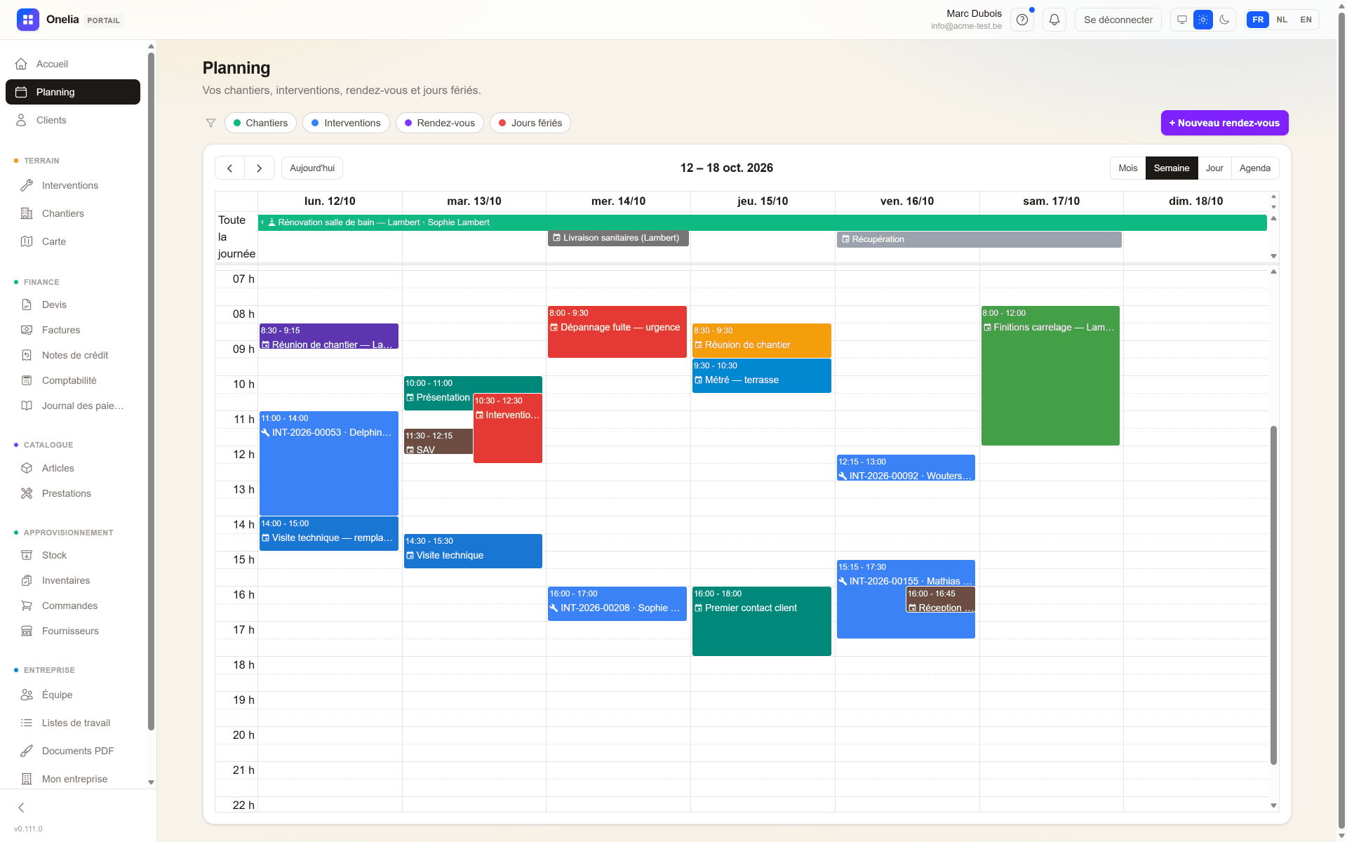 Le planning de la semaine dans le portail Onelia