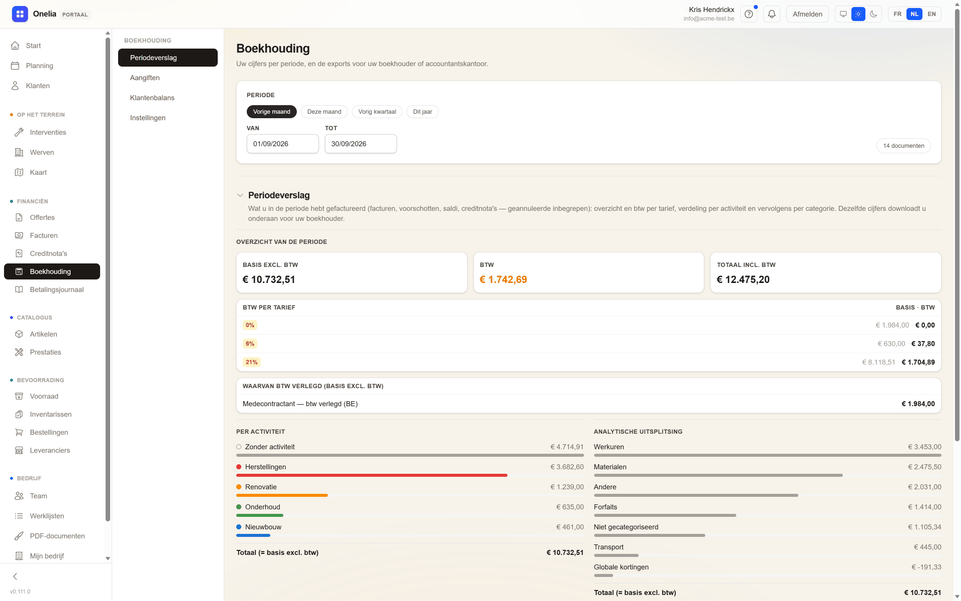 Het periodeverslag in de boekhouding van het Onelia-webportaal