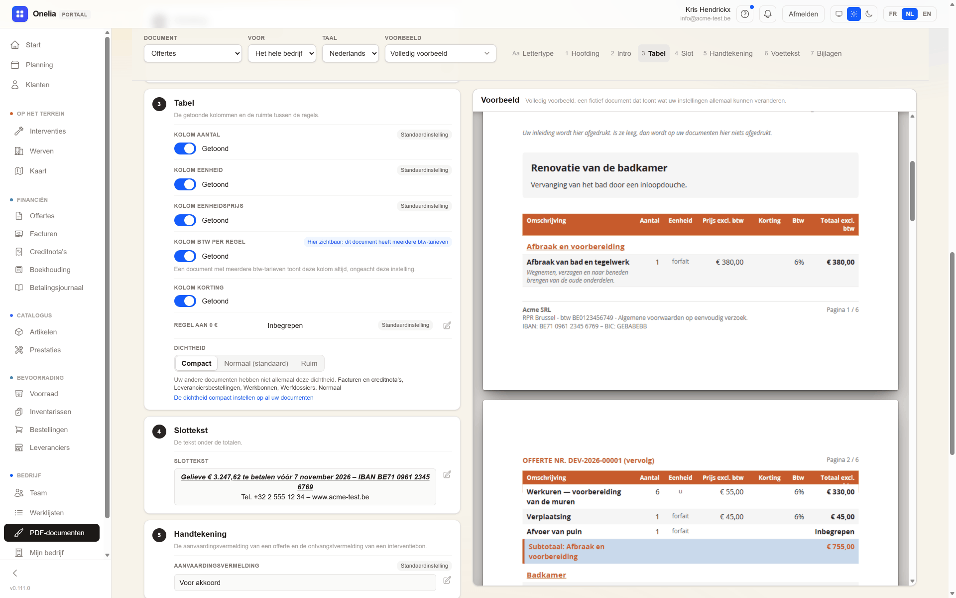 De pagina PDF-documenten van het Onelia-portaal: de instellingen links, het voorbeeld van de offerte rechts