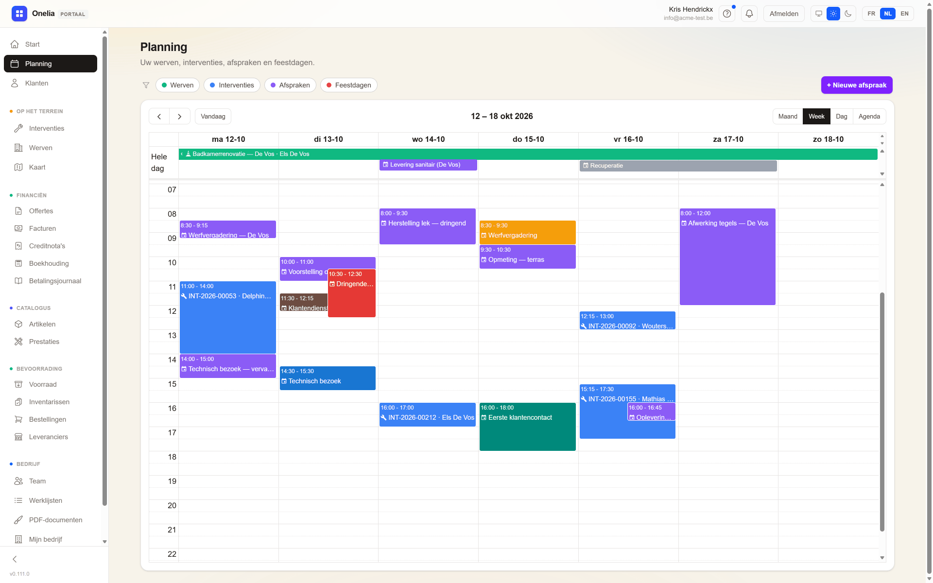 De weekplanning in het Onelia-webportaal